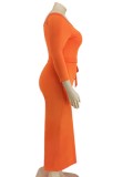 Autumn Orange Off Shoulder Long Sleeve Midi Dress with Belt