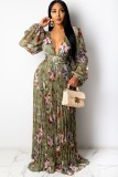 Autumn Sexy Floral Green Plunge Neck Long Sleeve Maxi Dress