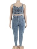 Summer Plus Size Dnim Sleeveless Crop Top and Jeans Set