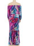 Autumn Plus Size Printed Pink Off Shoulder Puff Sleeve Top and Maxi Skirt Set