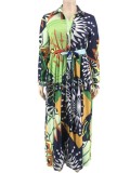 Autumn Plus Size Printed Long Sleeve Frilly Maxi Dress wiht Belt