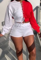 Autumn White and Red Patchwork Lace Up Long Sleeve Top and Shorts Set