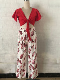 Summer Casual Floral Red Knotted Crop Top and High Waist Wide Pants 2PC Matching Set