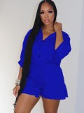 Autumn Blue Button Up 3/4 Sleeve Drawstring Loose Playsuit