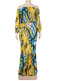 Autumn Plus Size Printed Yellow Off Shoulder Puff Sleeve  Top and Maxi Skirt Set