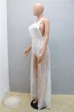 Party Sexy Luxury Sleeveless White Beaded Fringe Long Dress