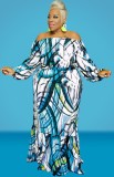 Autumn Plus Size Printed White Off Shoulder Puff Sleeve  Top and Maxi Skirt Set