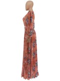 Autumn Sexy Floral Pink Plunge Neck Long Sleeve Maxi Dress