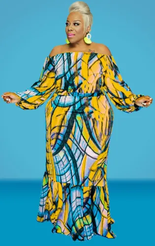 Autumn Plus Size Printed Yellow Off Shoulder Puff Sleeve  Top and Maxi Skirt Set