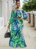 Autumn Plus Size Printed Green Off Shoulder Puff Sleeve  Top and Maxi Skirt Set