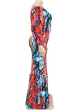 Autumn Plus Size Printed Red Off Shoulder Puff Sleeve  Top and Maxi Skirt Set