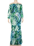 Autumn Plus Size Printed Green Off Shoulder Puff Sleeve  Top and Maxi Skirt Set