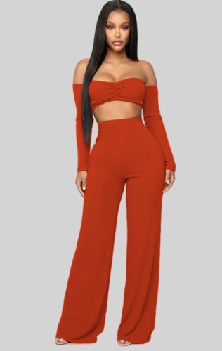 Autumn Sexy Orange off shoulder Crop Top with Long sleeve and Pant set