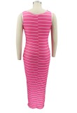 Summer Plus Size Pink Sleeveless with belt Sripe Long Maxi Dress