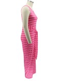 Summer Plus Size Pink Sleeveless with belt Sripe Long Maxi Dress