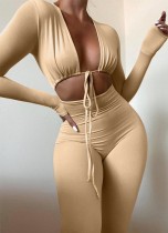 Autumn Sexy Kahaki Hollow Out with waist strap Long sleeve Crop Top and Pant set