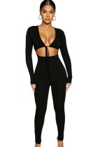 Autumn Sexy Black Hollow Out with waist strap Long sleeve Crop Top and Pant set