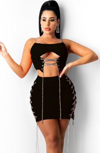 Summer Sexy Black Hollow out with Chain Crop Top and Dress set