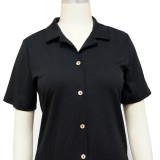 Summer Casual Black Short sleeve Button Shirt and Pant set