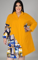 Autumn Plus Size Print with Orange Contrast Long Shirt Blouse