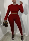 Autumn Casual Red rib Long Flare sleeve Crop Top and Pant set