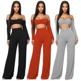 Autumn Sexy Orange off shoulder Crop Top with Long sleeve and Pant set