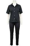 Summer Casual Black Short sleeve Button Shirt and Pant set