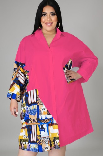 Herbst-Plus Size Print mit rosa Kontrast-Longshirt-Bluse