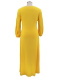 Summer Plus Size Yellow High Slit V-Neck Long Maxi Dress with Full Sleeves