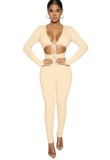 Autumn Sexy Beige Hollow Out with waist strap Long sleeve Crop Top and Pant set