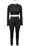Autumn Casual Black rib Long Flare sleeve Crop Top and Pant set