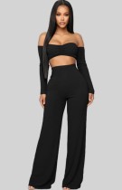 Autumn Sexy Black off shoulder Crop Top with Long sleeve and Pant set