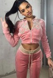 Autumn Pink Letters embroidered Long sleeve Crop Top and Pant 2 piece set