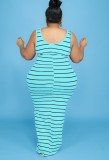 Summer Plus Size Blue Sleeveless with belt Sripe Long Maxi Dress