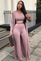 Autumn Casual Pink Long Rope with Button Crop Top and Pant 3 piece set