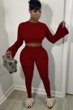 Autumn Casual Red rib Long Flare sleeve Crop Top and Pant set