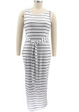 Summer Plus Size White Sleeveless with belt Sripe Long Maxi Dress