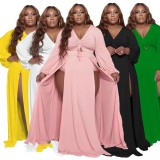 Summer Plus Size Green High Slit V-Neck Long Maxi Dress with Full Sleeves