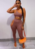 Summer Sexy Brown with Piping One shoulder Crop Top and Hollow out Pant set