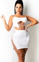 Summer Sexy White Hollow out with Chain Crop Top and Dress set