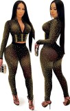 Summer Sexy Black Beaded Long Sleeve Crop Top and Pants Matching Set