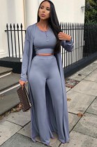Autumn Casual Grey Long Rope with Button Crop Top and Pant 3 piece set