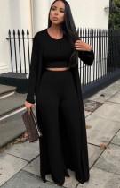 Autumn Casual Black Long Rope with Button Crop Top and Pant 3 piece set
