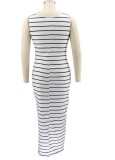 Summer Plus Size White Sleeveless with belt Sripe Long Maxi Dress