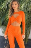 Autumn Sexy Orange Hollow Out Long sleeve Crop Top and Pant 2 piece set