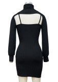 Autumn Black High Collar with long sleeve and strap Mini Dress 2 piece set