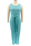 Summer Plus Size Blue Sleeveless with belt Sripe Long Maxi Dress