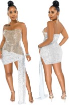 Vestido de verão sexy cáqui branco de lantejoulas tubo com bainha
