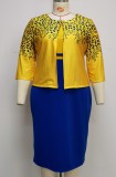 Autumn Plus Size Mother of Bride Print Yellow Coat and Contrast Midi Dress Set