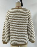 Autumn Casual Kahaki Stripes V-neck Long Sleeve Sweater